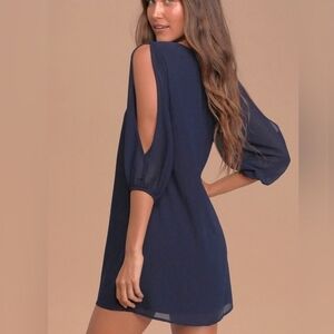 Lulu's Blue 3/4 Sleeve Mini Shift Dress, Cold Shoulder Medium